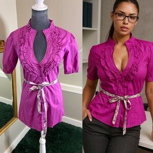 Y2k Button Up Ruffled Stretch Shirt Top Office Siren Corpcore Officecore